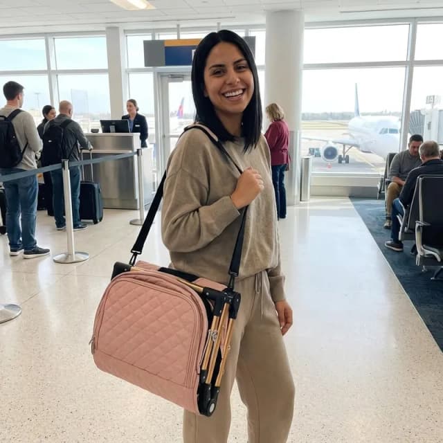 Camila Restrepo sonriente con coche reversible plegado